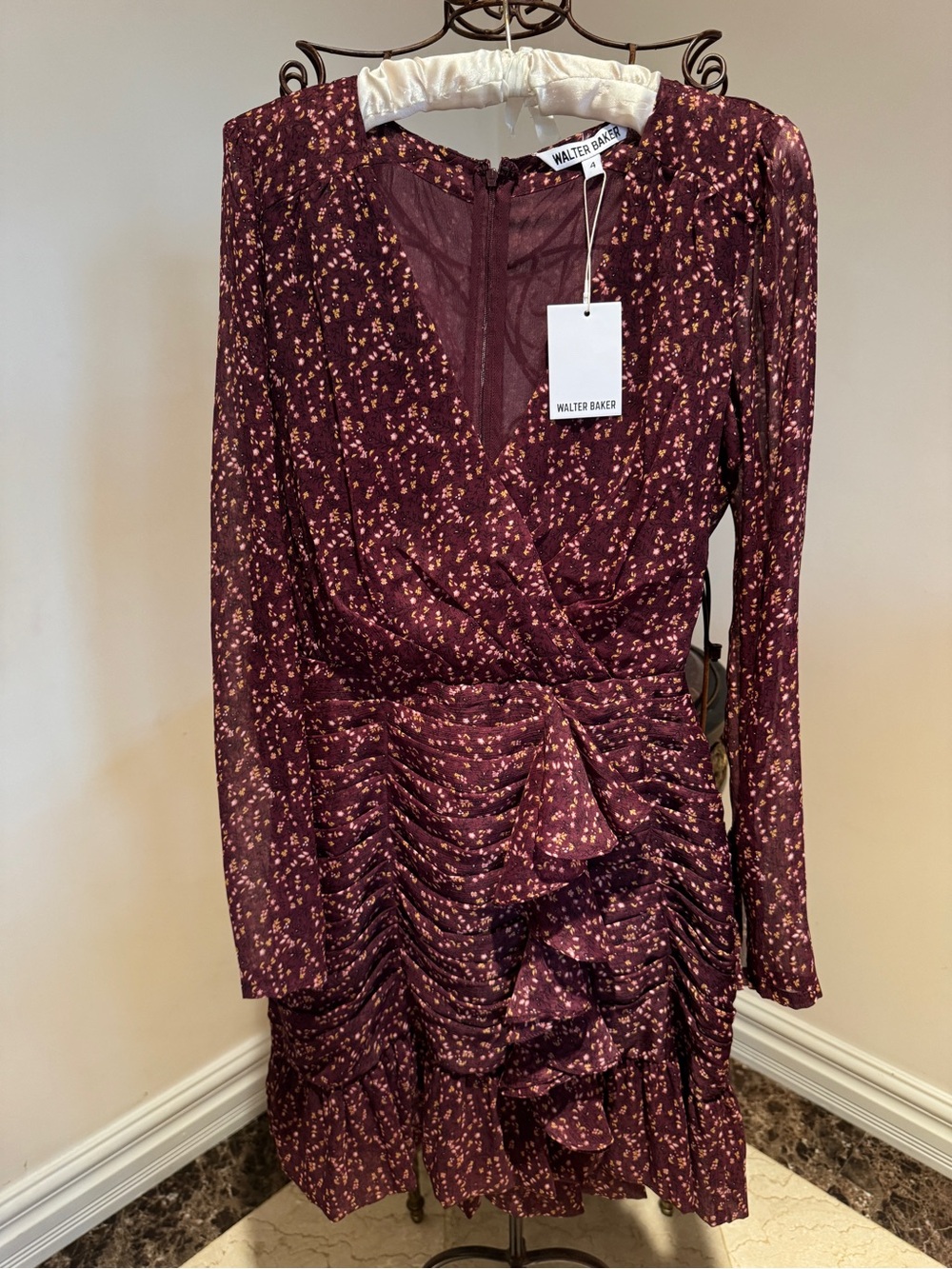 Walter Baker Black Cherry Long Sleeve Ruffled Dress